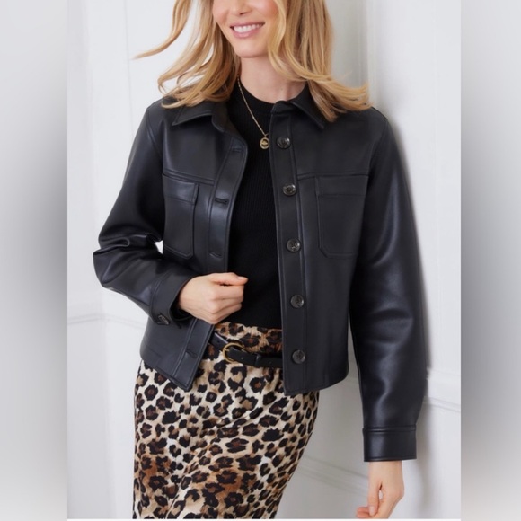 New Karen Kane Wild Thing Black Vegan Faux Leather Crop Jacket Small Petite - Picture 3 of 14